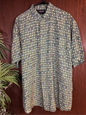 COLORE Italia 100% Silk Button Up Shirt Size M Green Medallion Print Vintage